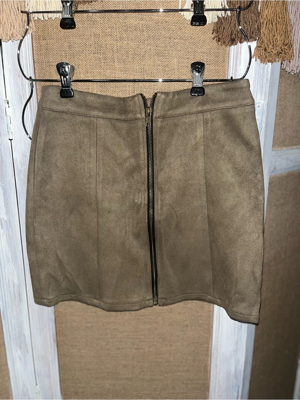 Women’s Faux Suede Front-Zip Mini Skirt - Olive Brown